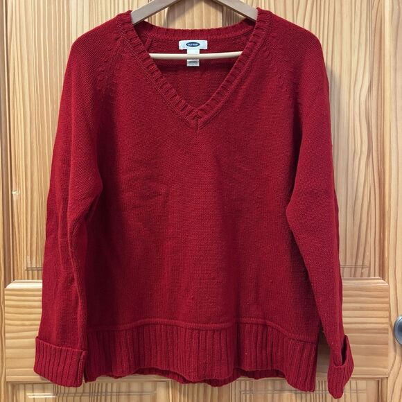 Old Navy Women Red 100% Lambs Wool V Neck Sweater - Picture 1 of 4